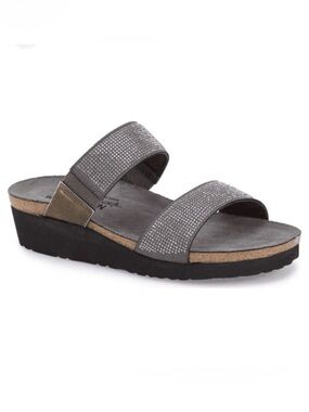 Naot Bianca Silver Double-Strap Slide Sandals with Rhinestone Detail 39